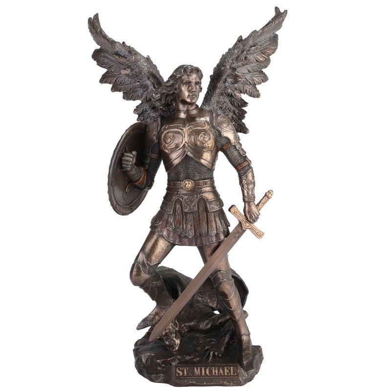 UNICORN تمثال سانت ميخائيل بارتفاع 12.75 بوصة واقف على شيطان مع سيف ودرع - Image 1